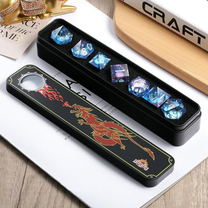 DNDND Resin Sharp Dice, 7PCS Glitter Liquid Resin DND Dice Set with Gift Case for Dungeons and Dragons Tabletop Game (Liquid Blue and Pink) - Image 3